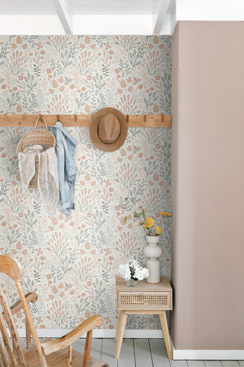 ESTAhome behang bladeren en bloemen lichtblauw en terracotta - 50 x 900 cm - 131387 - vtwonen shop