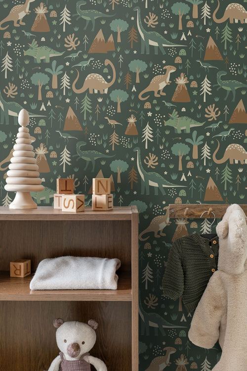 ESTAhome behang dinosaurussen donkergroen en bruin - 53 cm x 10.05 m - 139802
