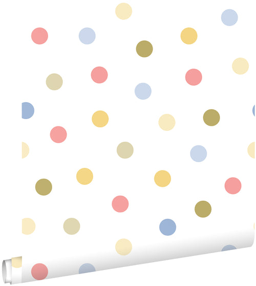 ESTAhome behang stip blauw, roze, groen en geel - 50 x 900 cm - 131620