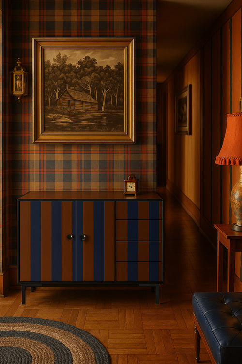 Laag dressoir van MDF met verticaal streeppatroon in blauw- en bruintinten