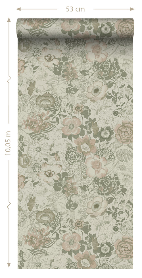 ESTAhome behang vintage bloemen vergrijsd groen - 50 x 900 cm - 139765 - vtwonen shop