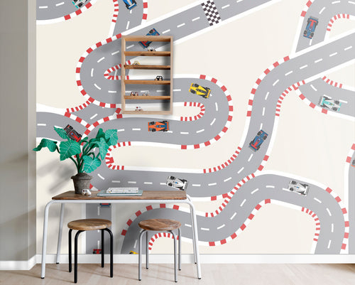 ESTAhome fotobehang auto's op racebaan grijs en beige - 300 x 279 cm - 159459 - vtwonen shop