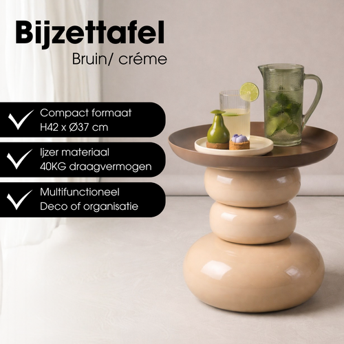Mica Decorations Zita Bijzettafel - Bijzettafeltje Rond - Woonkamer Decoratie - 42 x 37 cm - IJzer, MDF, Fluweel - Bruin Creme