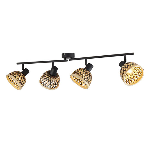 Searchlight Lance 4-lichts spotbalk, zwart metaal en bamboe kap
