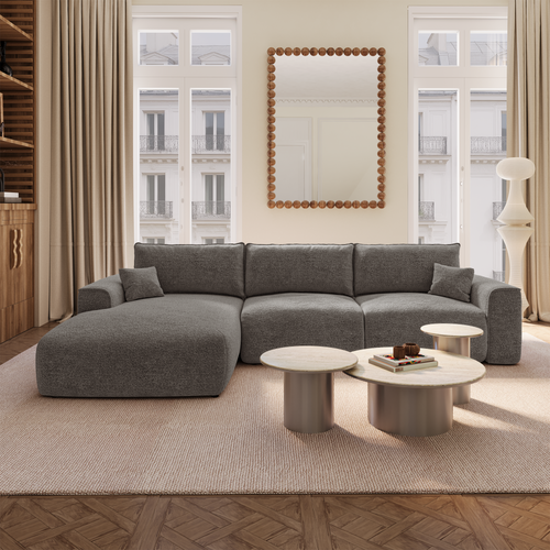 Premium Interiors - Linkerhoekbank met snelle uitklapfunctie COMO - bouclé-stof grafietgrijs 300cm