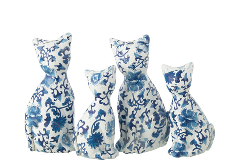 J-Line figuur Kat Patroon - polyresin - blauw/wit - large - 2 stuks