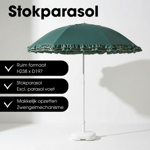 Mica Decorations Kantelbare Parasol met Ruches - Stokparasol 238 x Ø195 cm - Tuin of Balkonparasol - Polyester, Staal - Groen
