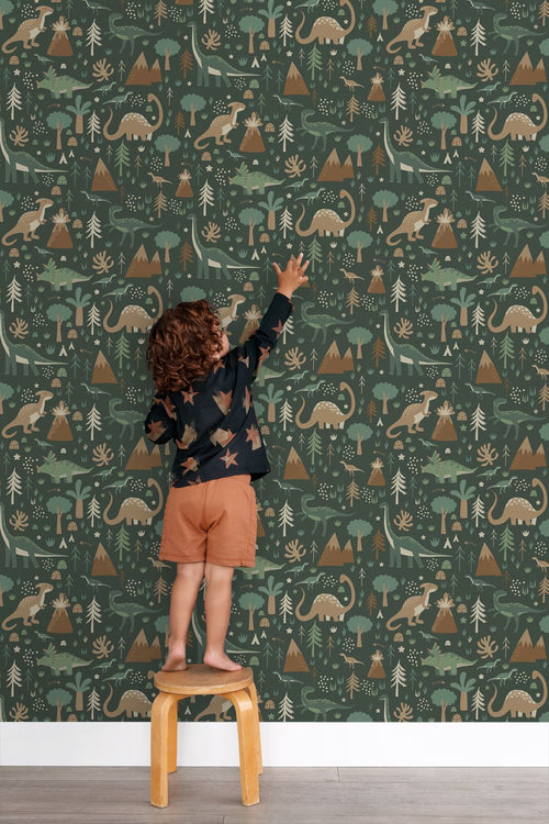 ESTAhome behang dinosaurussen donkergroen en bruin - 53 cm x 10.05 m - 139802