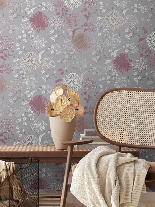 Livingwalls behang bloemmotief grijs, wit, rood en lila paars - 53 cm x 10.05 m - AS-389002 - vtwonen shop