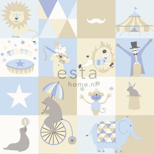 ESTAhome behang circus figuren lichtblauw, beige en wit - 53 cm x 10.05 m - 138710