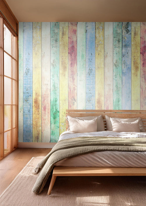 Sanders & Sanders fotobehang houten planken groen, blauw en rood - 375 x 270 cm - 600540