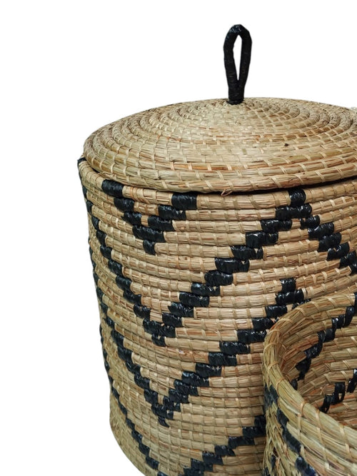 Handgevlochten Opbergmanden Set van 3 – Natuurlijke Wasmanden met Deksel – Mendong Gras – Decoratief & Functioneel - S:Dia27cm Hoogte 32cmM: Dia 3...