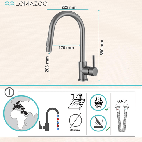 LOMAZOO keukenkraan Mason - met uittrekbare uitloop & handdouche - mengkraan - gun metal