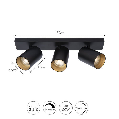 Atmooz plafondlamp Nuo 3 - zwart-goud vanbinnen - 42 x 13 x H 12 cm - GU10