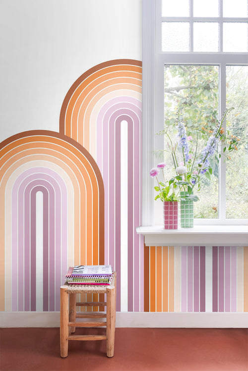 ESTAhome fotobehang halve cirkels in retro stijl oranje en lichtpaars - 3 x 2.79 m - 159553
