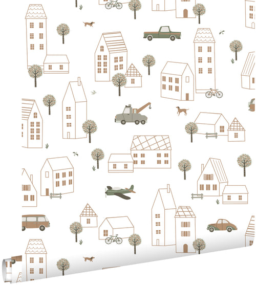 ESTAhome behang voertuigen wit, bruin en groen - 50 x 900 cm - 131826