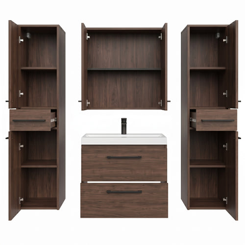 Badplaats Badkamermeubel Set Florence 60 cm XL – Walnoot Bruin – Hangend Badmeubel met Wastafel, Spiegelkast en Zijkasten