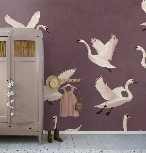 ESTAhome fotobehang zwanen mauve paars - 3 x 2.79 m - 159578