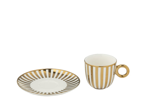 J-Line kopje + schoteltje Gestrepen - porselein - goud/wit - small - doos van 2