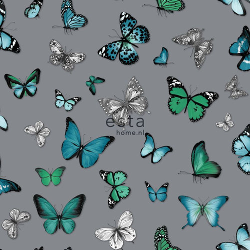 ESTAhome behang vlinders zilver en turquoise - 53 cm x 10.05 m - 138510