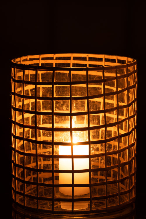 J-Line windlicht Violet Breed - glas/riet - naturel