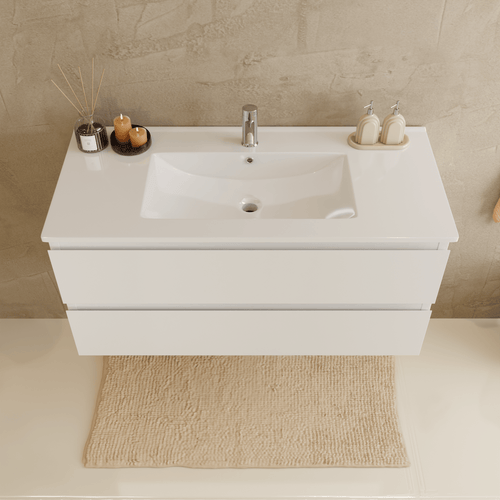 LOMAZOO badmeubelset Verona - met hoge kast & witte wastafel - glanzend wit - 100 cm