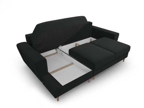 Cosmopolitan Design Uitklapbare hoekbank links met opbergdoos Kyoto 4-zits, flueel zwart - 145x241x88cm