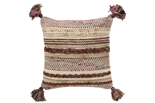 J-Line kussen Vierkant Gevlochten Chindi + Kwasten - katoen - creme/bruin