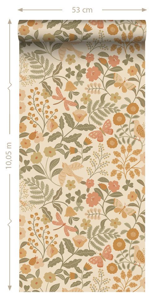ESTAhome behang bloemen en vogels oranje en vergrijsd groen - 53 cm x 10.05 m - 131393 - vtwonen shop