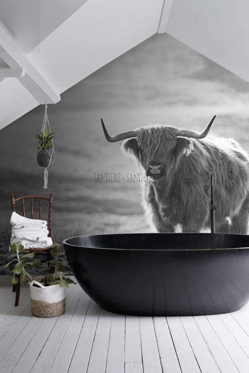 Sanders & Sanders fotobehang schotse hooglander zwart wit - 300 x 279 cm - 950001