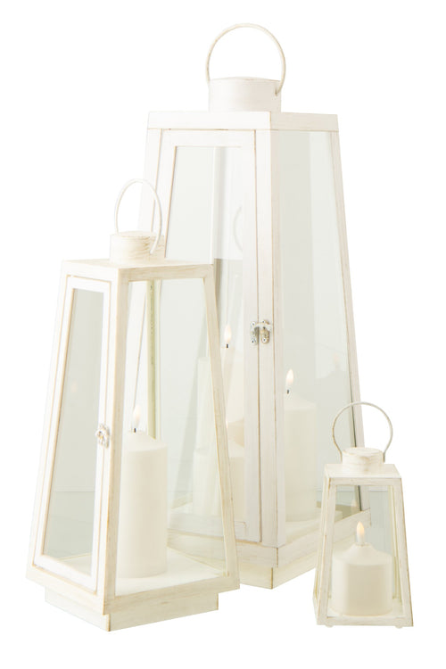 J-Line lantaarn + kaars - glas - wit - large - LED lichtjes