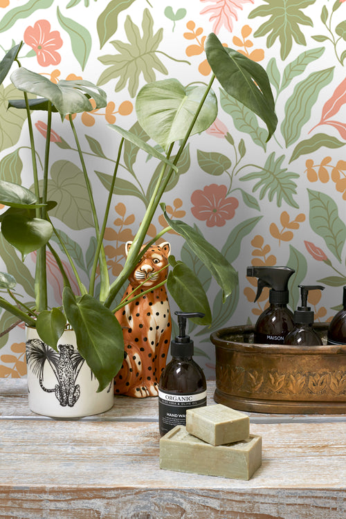 ESTAhome behang bladeren en bloemen groen, roze en oranje - 50 x 900 cm - 131048 - vtwonen shop