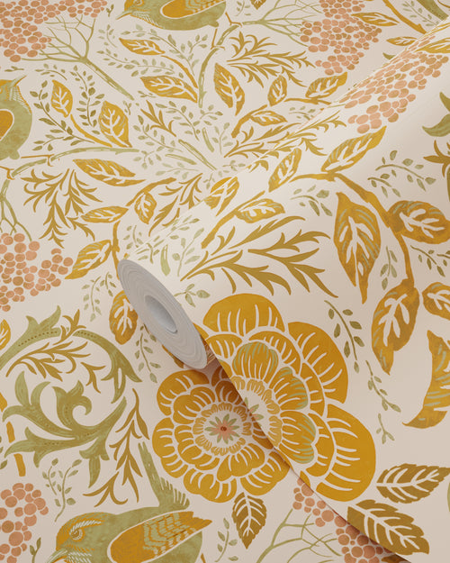 ESTAhome behang bloemen en vogels in art nouveau stijl oranje en groen - 50 x 900 cm - 131696