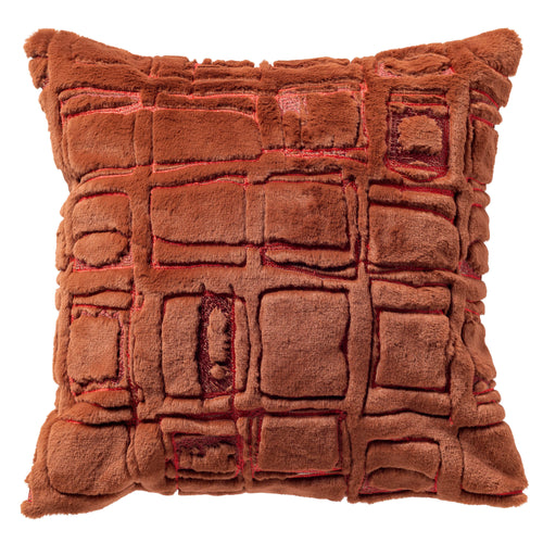 DORON - sierkussen 45x45 cm - bontlook - blokkenpatroon - Brown Patina - bruin, rood