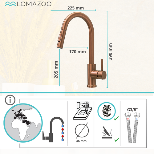LOMAZOO keukenkraan Myth - met uittrekbare uitloop - mengkraan - koper