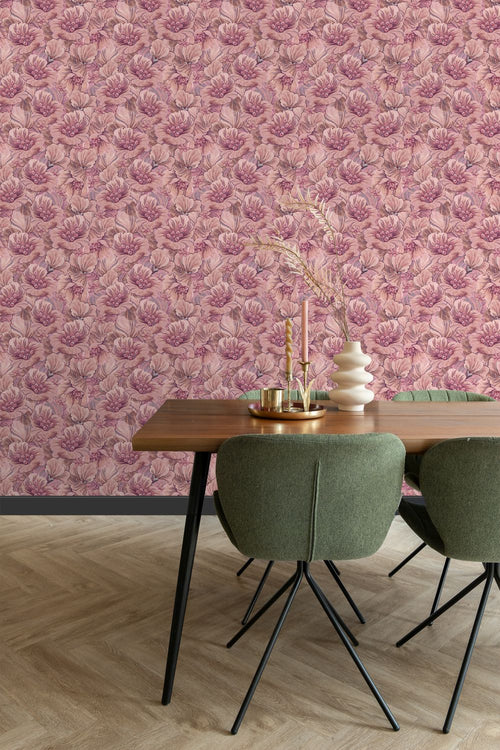 ESTAhome behang geborduurd bloemmotief paars en roze - 50 x 900 cm - 131293
