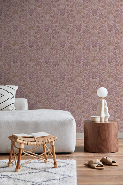 ESTAhome behang bloemen en vogels oudroze en lila paars - 50 x 900 cm - 131209