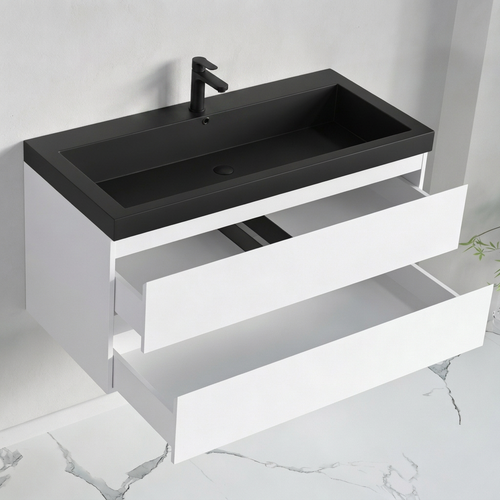 LOMAZOO badkamermeubel Monaco - zwevend met zwarte wastafel - glanzend wit - 100 cm