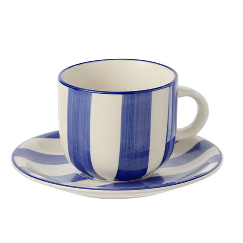 J-Line kopje + schoteltje Gestreept - keramiek - blauw/wit - 6 stuks