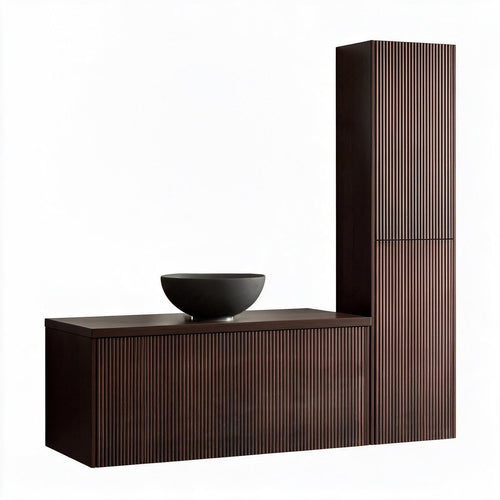 LOMAZOO badmeubelset Tropani - geribbeld - opbouw - met hoge kast & zwarte waskom - walnoot - 100 cm