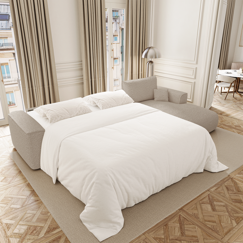 Premium Interiors - Rechthoekige hoekbank met snelle slaapfunctie COMO - bouclé-stof beige 300cm