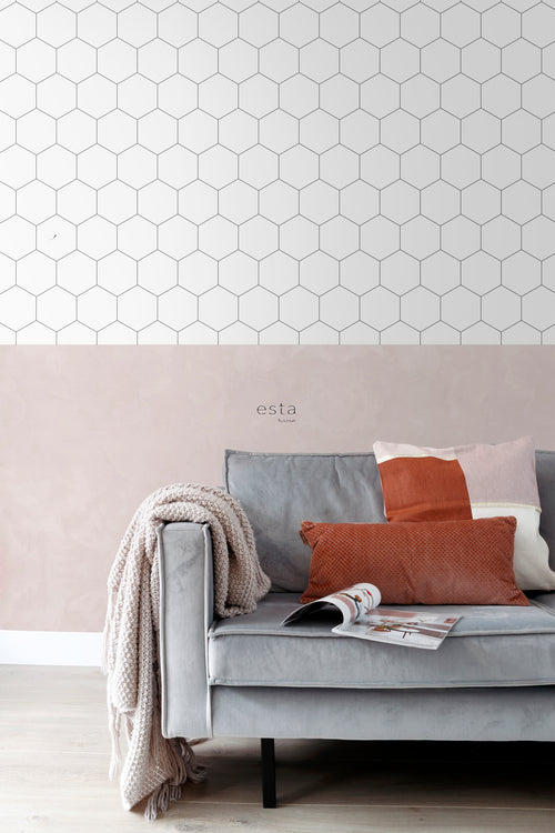 ESTAhome behang hexagon zwart wit - 53 cm x 10.05 m - 139311