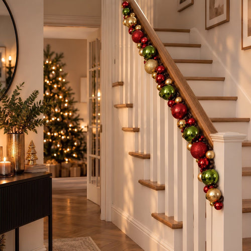 Mica Decorations Kerstslinger Goud Rood Donkergroen - Kerstballenslinger van Gerecycled Polystyreen - Sfeervolle Kerstdecoratie voor Schouw of Trap -