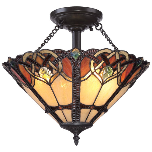 Elstead Cambridge - 2-lichts semi-inbouw plafondlamp vintage brons, Tiffany glas, E27