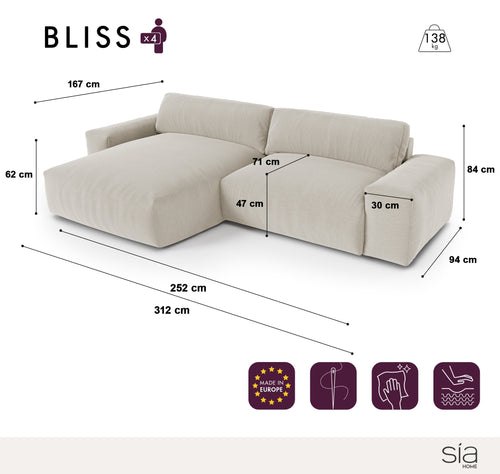 Sia Home - Hoekbank links BLISS - xxl-corduroy zwart 220cm