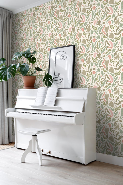 ESTAhome behang bladeren en bloemen vergrijsd groen en roze - 50 x 900 cm - 131050 - vtwonen shop