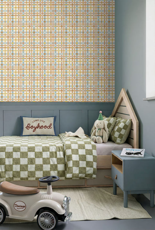 ESTAhome behang ruitjes blauw, geel en bruin - 50 x 900 cm - 132048