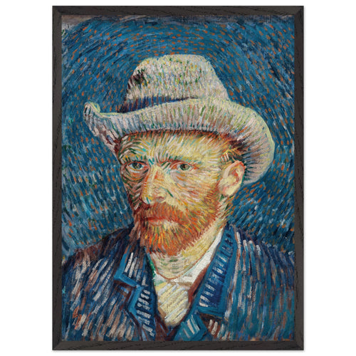 Artfulprints Poster met Lijst Vincent van Gogh - Zelfportret met grijze vilthoed   - 50x70 cm - Blauw