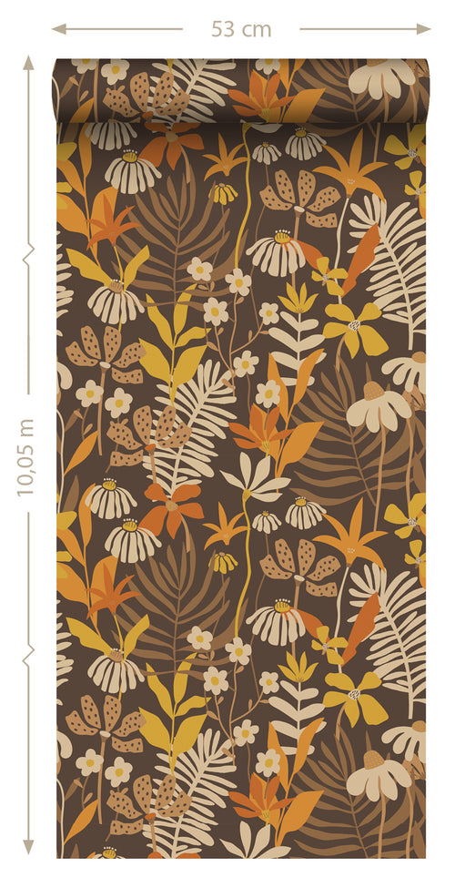 ESTAhome behang tropische bladeren en bloemen bruin en meerkleurig - 50 x 900 cm - 130997 - vtwonen shop