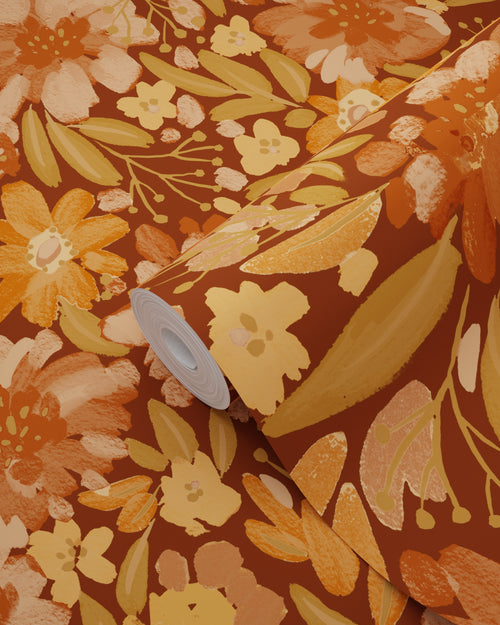 ESTAhome behang bloemen terracotta, bruin en groen - 50 x 900 cm - 132196